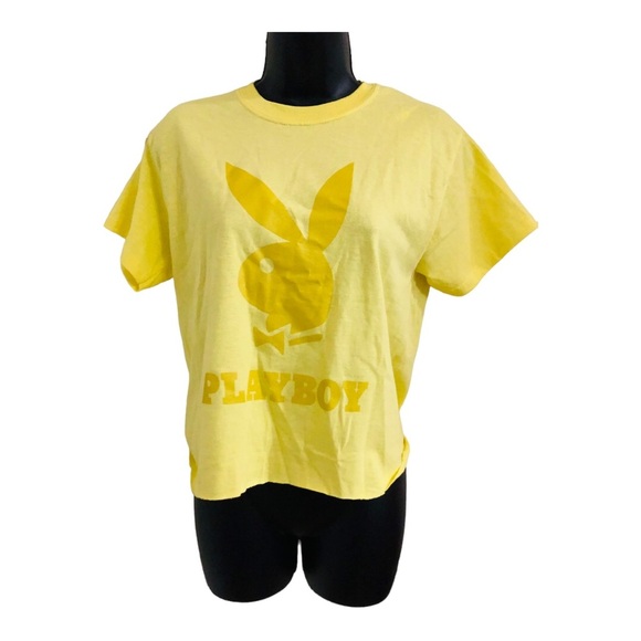 playboy‎ yellow slightly crop raglan hem iconic playboy logo t-shirt size small - Picture 9 of 11
